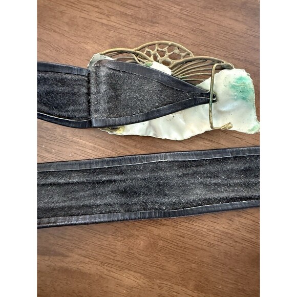 Vintage Mexican Artisan Belt Black Leather Wide Brass Sculptural Buckle Boho MCM - Picture 3 of 13